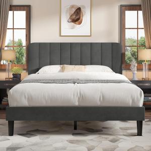 VECELO Queen Size Bed Frame with Upholstered Headboard, Velvet Platform Bedframe Mattress Foundation, Strong Wood Slat Support, No Box Spring Needed, Grey