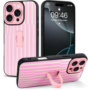 for iPhone 16 Pro Max Case with Finger Hand Strap Kickstand, Trendy Cool Striped Phone Case for Women Men, Full Camera Protection Shockproof Protective Cover, White and Pink Stripes