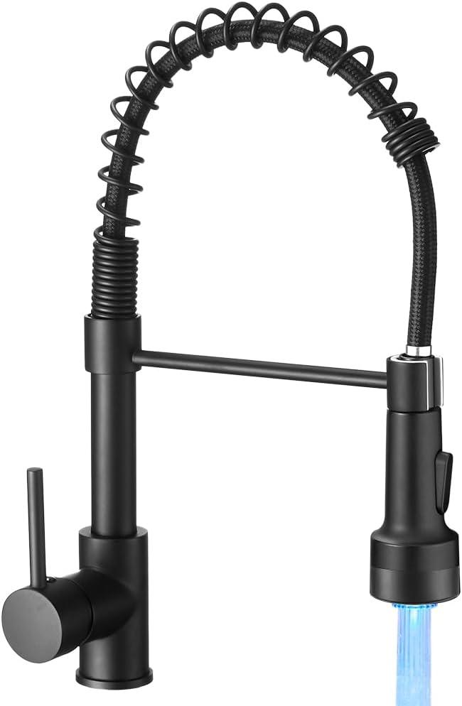 Kitchen Faucet with Sprayer Single Handle Pull Down Sprayer Spring Matte Black Kitchen Sink Faucet with LED Light 9005R