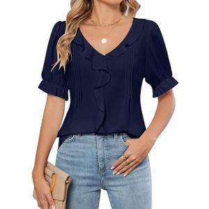 Blooming Jelly Womens Dressy Casual Blouse Business Short Sleeve Shirt Ruffle Pleated V Neck Work Summer Tops 2025 SÂ Color:Â Deep Blue Blooming Jelly Womens Dressy Casual Blouse Business Short Sleeve Shirt Ruffle Pleated V Neck Work Summer Tops 2025 SÂ Color:Â Deep Blue