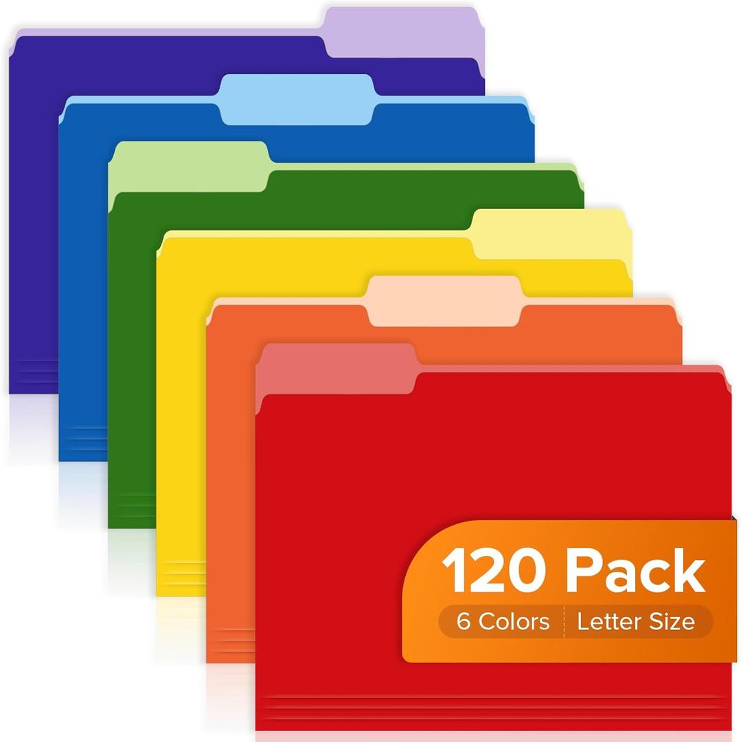 SpringFlower File Folders, 120 Pack File Folders Letter Size, 6 Assorted Colored File Folders, 1/3 Cut Tab, File Folder Bulk for Office School Business