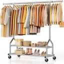 EAGMAK Heavy Duty Clothes Rack Load 556 LBS, Rolling Clothing Rack With Shelves, Height Adjustable Metal Clothes Hanger with Wheels Portable Wardrobe Organizer Garment Rod for Hanging Clothes (Silver)