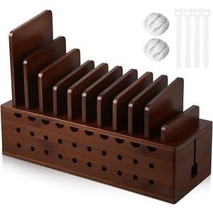 Bamboo Charging Station for Multiple Devices, Cell Phone Docking Charging Station Organizer and Cord Organizer for 10 Devices for Power Strip Storage, Phones and Tablets(Brown)