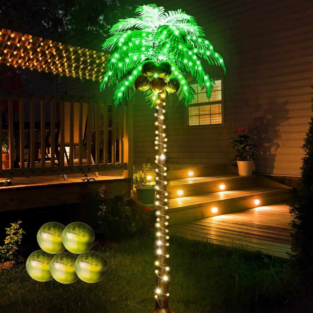 Ledido 7FT Lighted Palm Trees for Outside Patio, 179LED Palm Tree Outdoor with 5 Coconuts Bendable Leaves Waterproof, Artificial Fake Trees for Pool, Yard, Deck, Home, Party, Indoor Christmas Decor