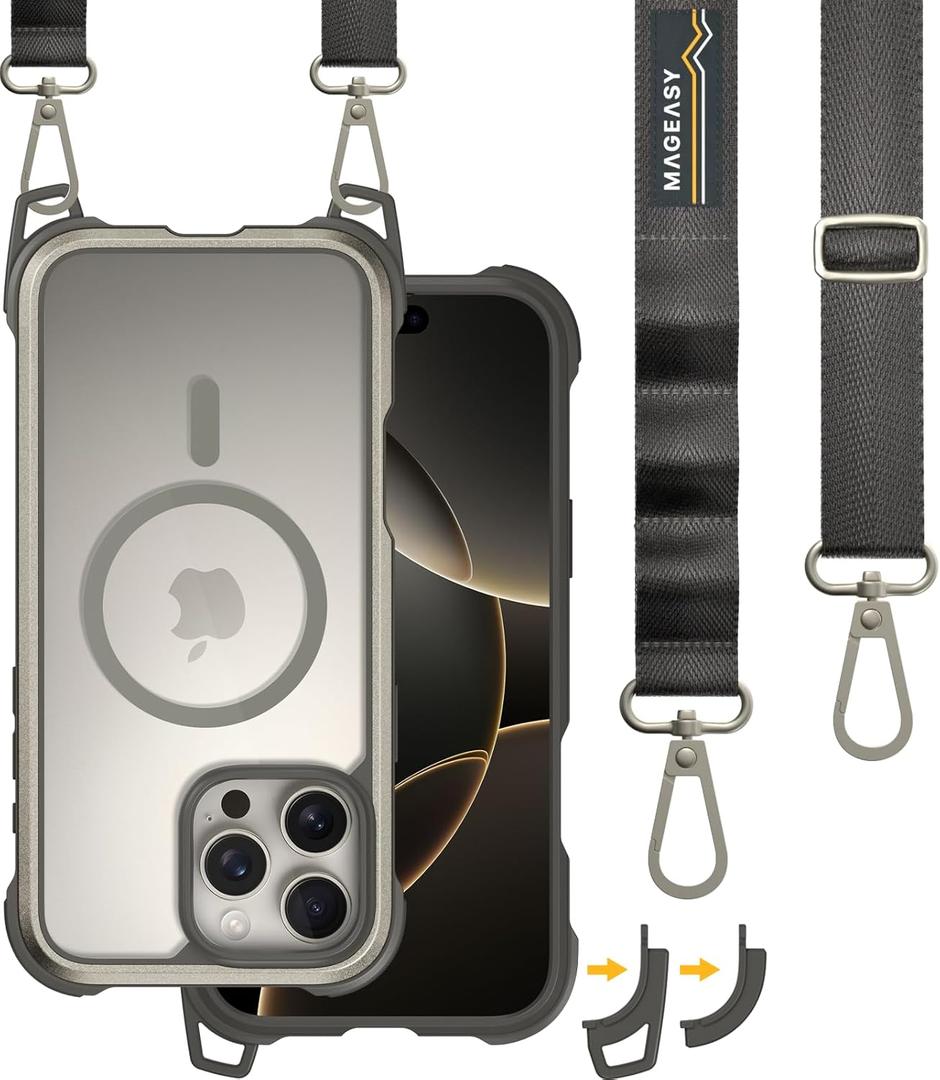 MAGEASY Designed for iPhone 16 Pro Max Case with Strap - 20ft Drop Protection Compatible with MagSafe, Transformable 2-in-1 Protective & Lanyard Case, Aluminum Frame | Odyssey Strap M (Titanium)