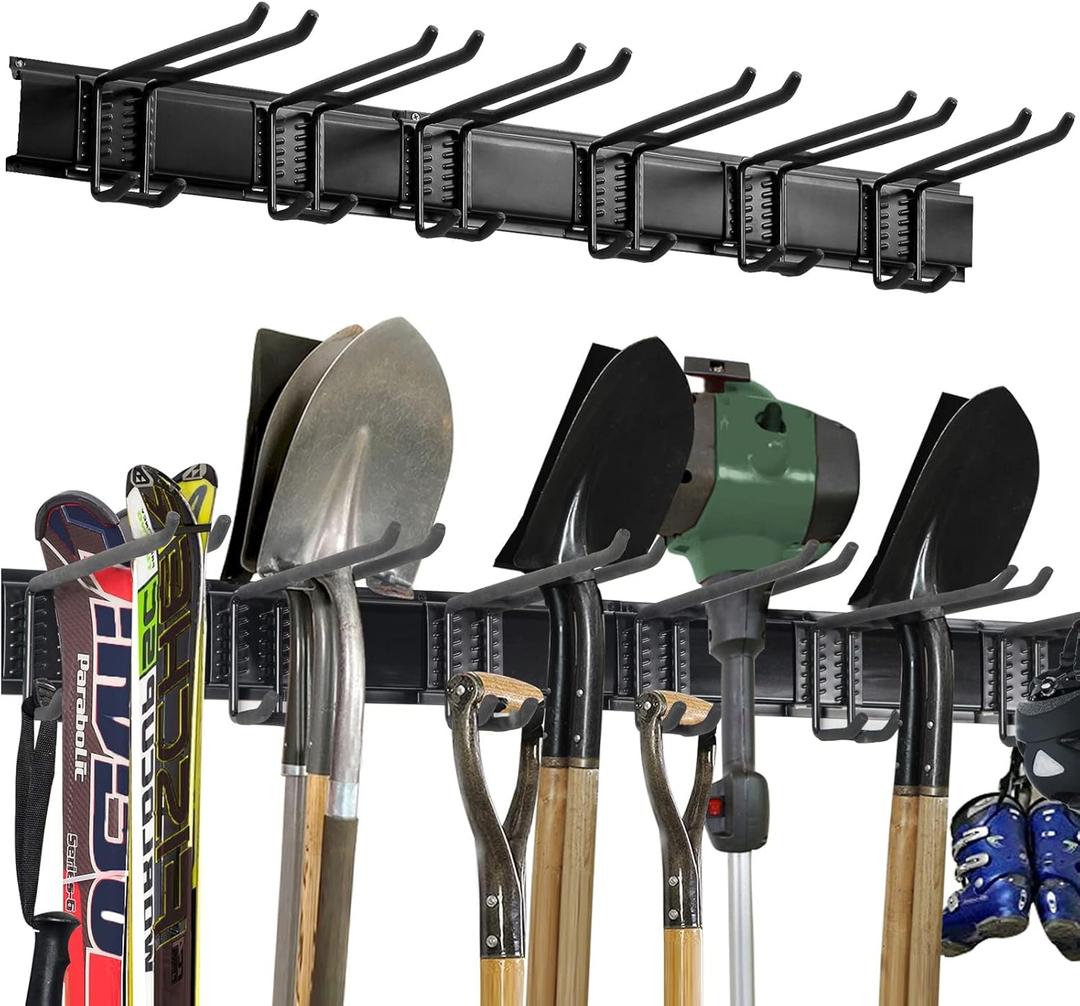 Wall Mount Tool Storage Rack, Heavy Duty Garage Storage Tool Organizer, Garden Tool Wall Hooks and Hangers, Hold Up to 350lbs Black (3 Rail 6 Double Hooks)