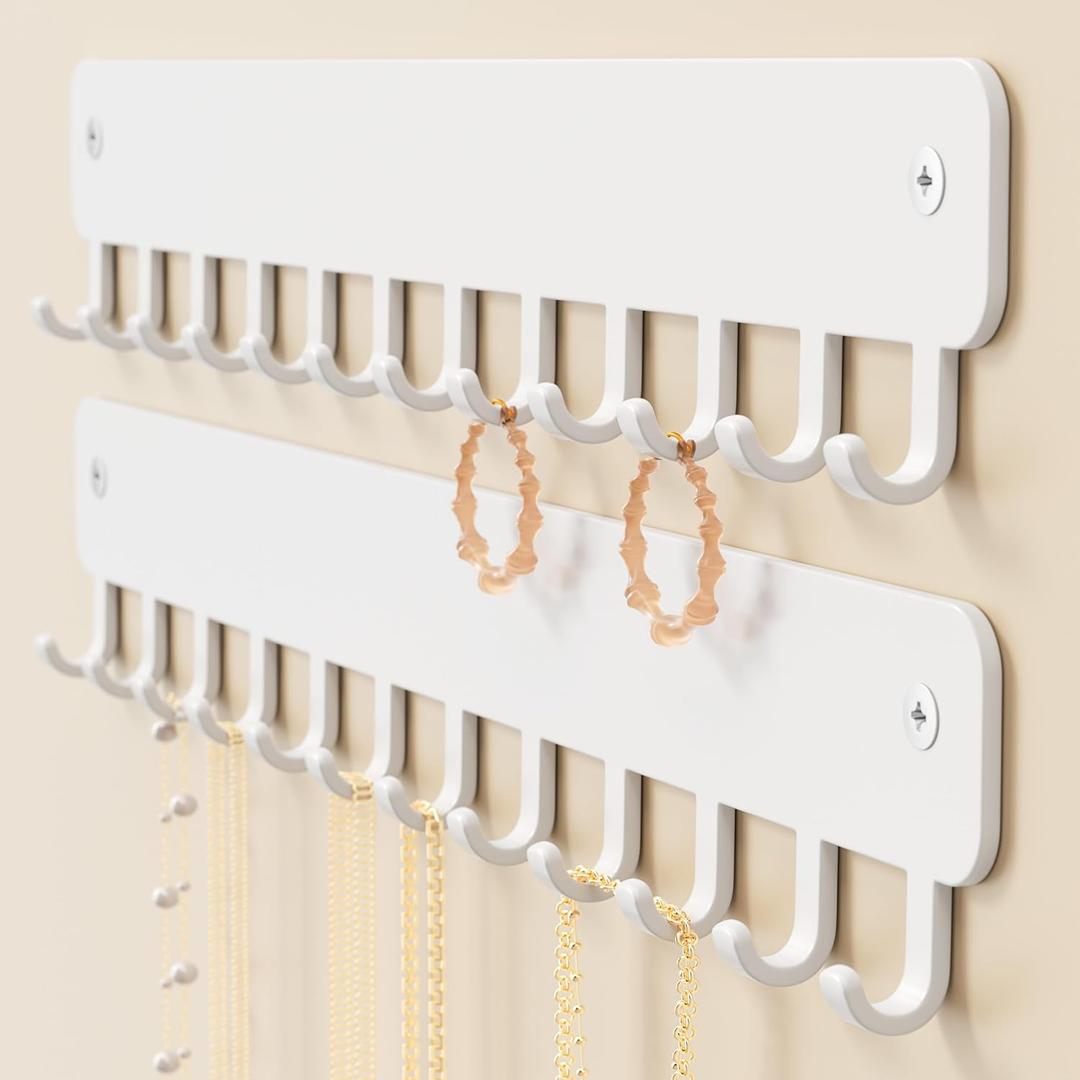 bussdis Drill-In Necklace Organizer: Sturdy Necklace Holder Wall Mounted with Hooks for Tangle-Free Jewelry Storage – Space-Saving Wall Necklace Hanger, White, 4 PCS