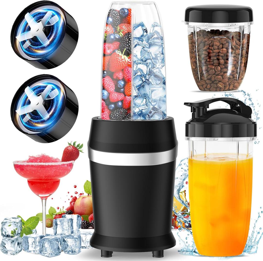 12-Piece Smoothie Blender Maker 25,000 RPM Personal Blender for Ice Crushing Smoothies & Frozen Drinks Nuts with 23oz, 32oz, 37oz Portable Cups Two 6-Leaf Stainless Steel Blades, Satin Black