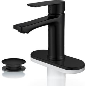 BELZ Matte Black Bathroom Faucet, Modern Single Handle One Hole Bath Vanity Sink Faucets with Pop Up Drain and Deck Plate for 1 or 3 Holes