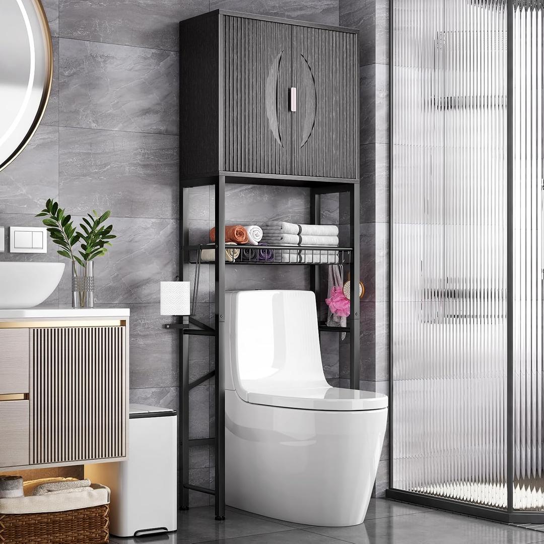 Kalrin Over The Toilet Storage Cabinet with Fluted Wave Doors and Adjustable Shelf, Wood Over Toilet Storage Rack with Drain Basket, Freestanding Bathroom Organizer for Balcony Laundry, Pure Black, 23.62" W x 66.54" H x 9.45" D