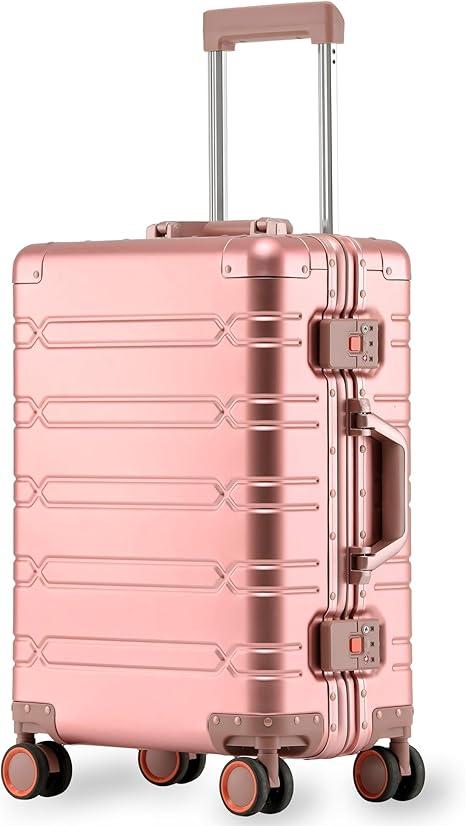 All Aluminum Carry On Luggage 22x14x9 Airline Approved，Zipperless Luggage Premium Aluminum Suitcase Luggage, Hard Shell Carry On Luggage with Spinner Wheels (Rose Gold, 20inch)