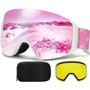 VCOROS Magnetic Ski Goggles with Quick Change Lens, OTG Design, Anti-Fog snow goggles, Helmet Compatible Snowboard Goggles (White Frame Revo Pink)