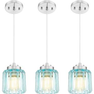 Emliviar 3 Pack Island Hanging Lights, Brushed Nickel Finish Indoor Pendant Lights with Blue Fluted Ripple Glass, HE293MIL-3PK BN