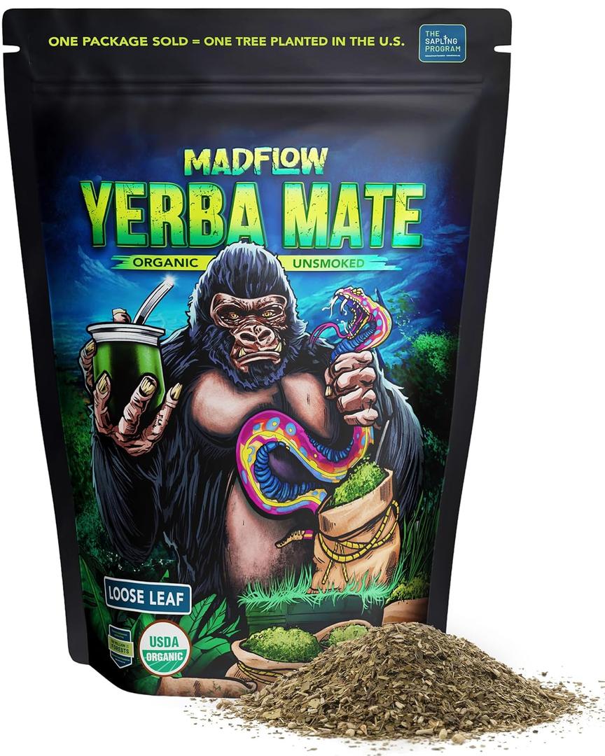 MADFLOW Unsmoked Organic Yerba Mate Loose Leaf 1.1 Lb. Mate Tea For Natural Energy, Focus and Flow. Resealable Packaging. For Brewing With Yerba Mate Cup or French Press. BB: 01/16/2027 