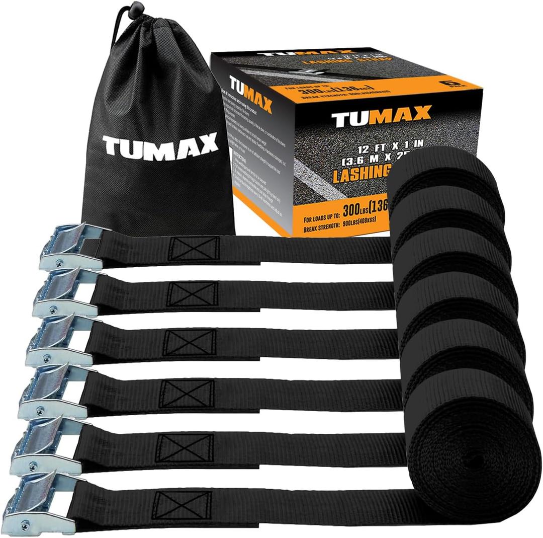 6-Pack 1" x 12FT Cam Buckle Tie Down Straps, 900lbs Capacity Lashing Straps for Securing Cargo, Kayak, Canoe, Motorcycle, Bike, Truck and Luggage (Black)