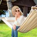SUNCREAT Double Hammock for 2 Person, Extra Large Outdoor Portable Hammock with Hardwood Spreader Bar, Soft Pillow, 475 lbs Capacity, Beige