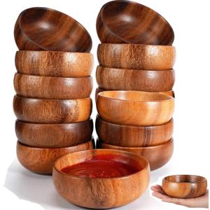 Skylety 20 Pcs Acacia Wooden Bowls Small Calabash Bowls Round Wood Salad Hand Carved Calabash Dip Tray for Serving Popcorn Pasta Coconut Nuts Sauce Appetizers Home Kitchen (4 Inch)