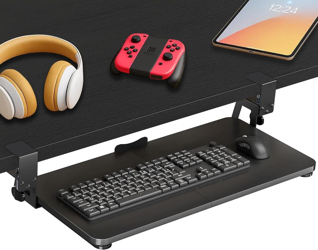 Under Desk Keyboard Tray Slide Out, 25 x 9.8 Inch Clamp-On Pull Out Drawer with Mouse Space, Ergonomic Keyboard Holder for Comfortable Typing at Home and Office