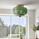 Bofea-Mid Century Semi Flush Mount Ceiling Light Fixture,Green Glass Hallway Light,Vintage Gold Ceiling Light,Antique Brass Lighting Fixture,Close to Ceiling Lamp for Kitchen Entryway Bathroom