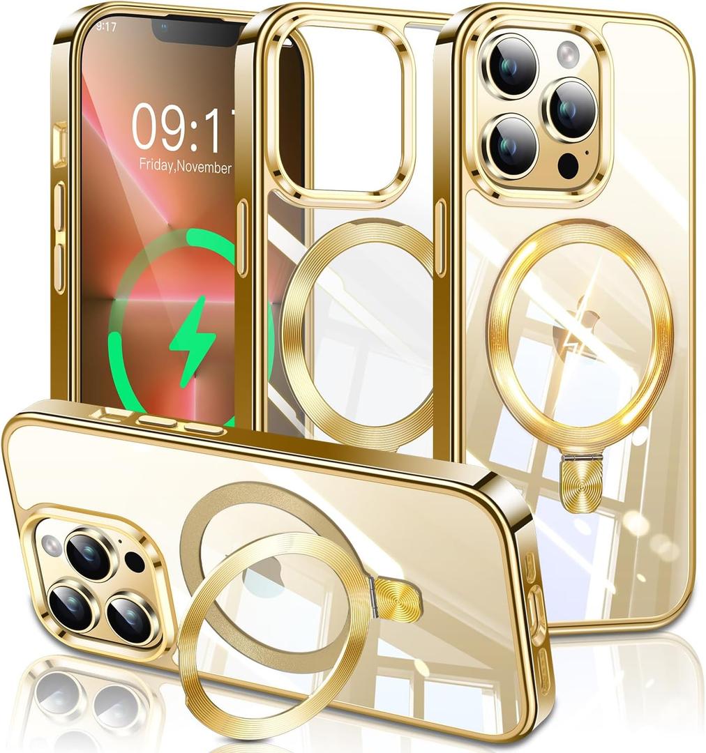 ESTPEAK Titanium Gold CD Mag-Stand Case for iPhone 13 Pro Case with Invisible Magnetic Ring, [Fit for MagSafe] [Never Yellowing] Top Clear Phone Case Cover for iPhone 13 Pro 6.1" Men Women