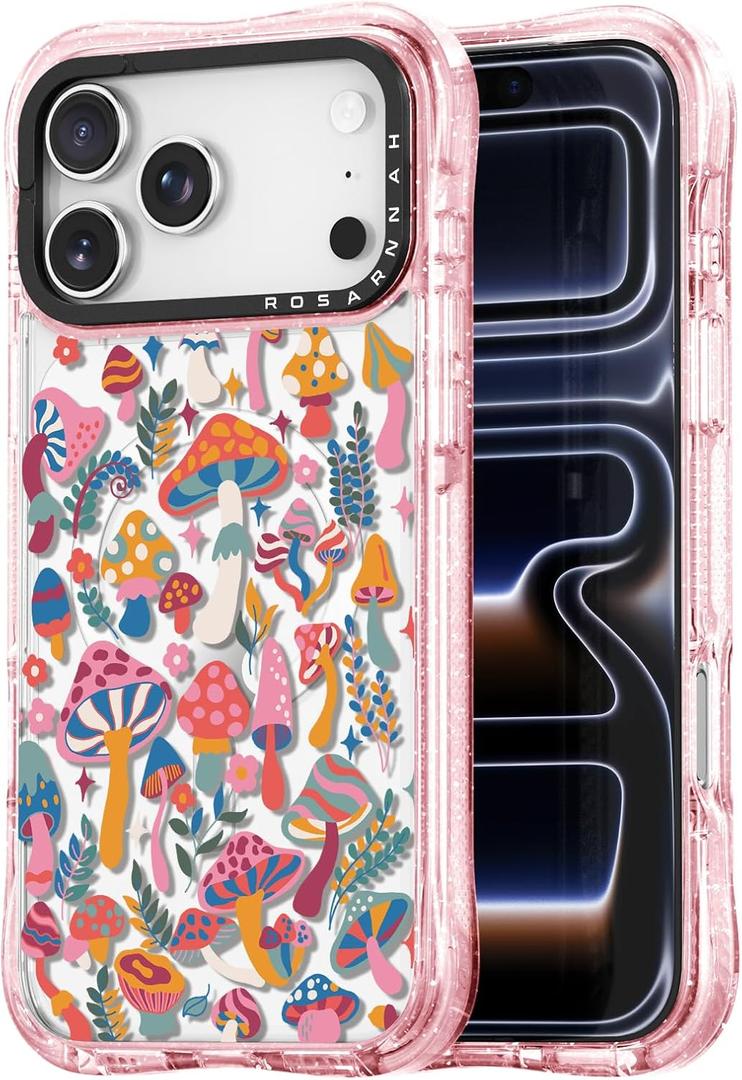 for iPhone 17 Pro Max Case Cute - Compatible with Magsafe - Military-Grade 20 ft Drop Protection Shockproof Phone Case - Funny Mushroom Jungle Design (6.9") Glitter Pink