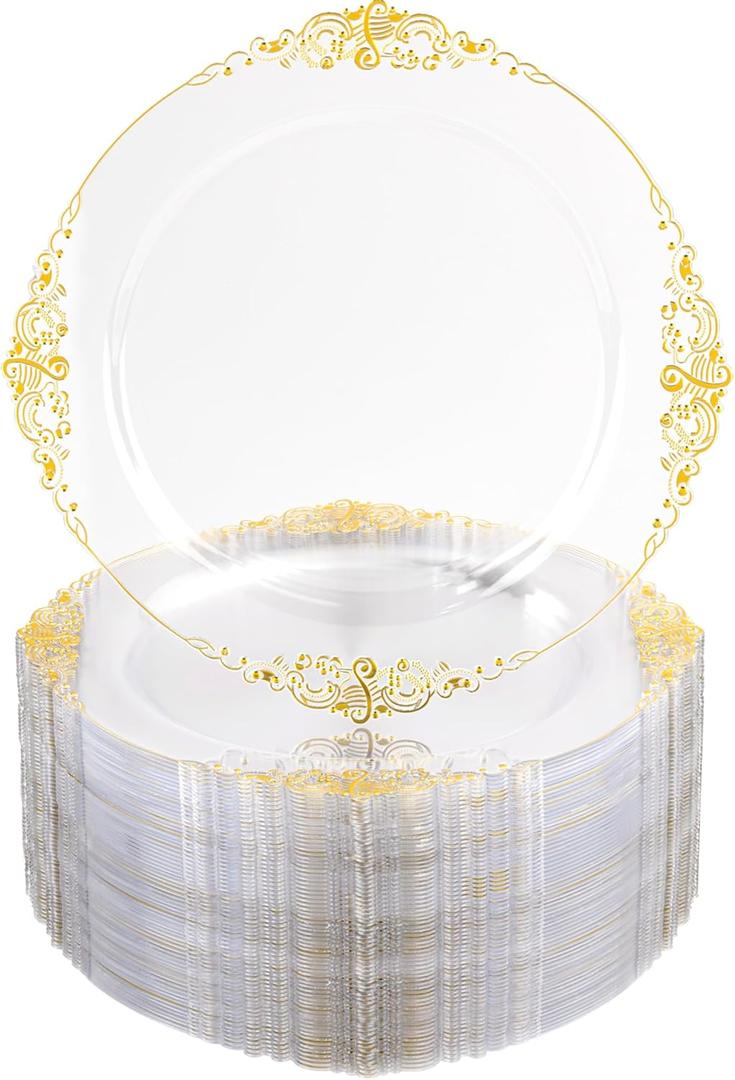 Nervure 100PCS Clear and Gold Plastic Plates - 7.5inch Clear Disposable Plates - Heavyweight Gold Plastic Plate - Dessert Plate for Wedding & Party