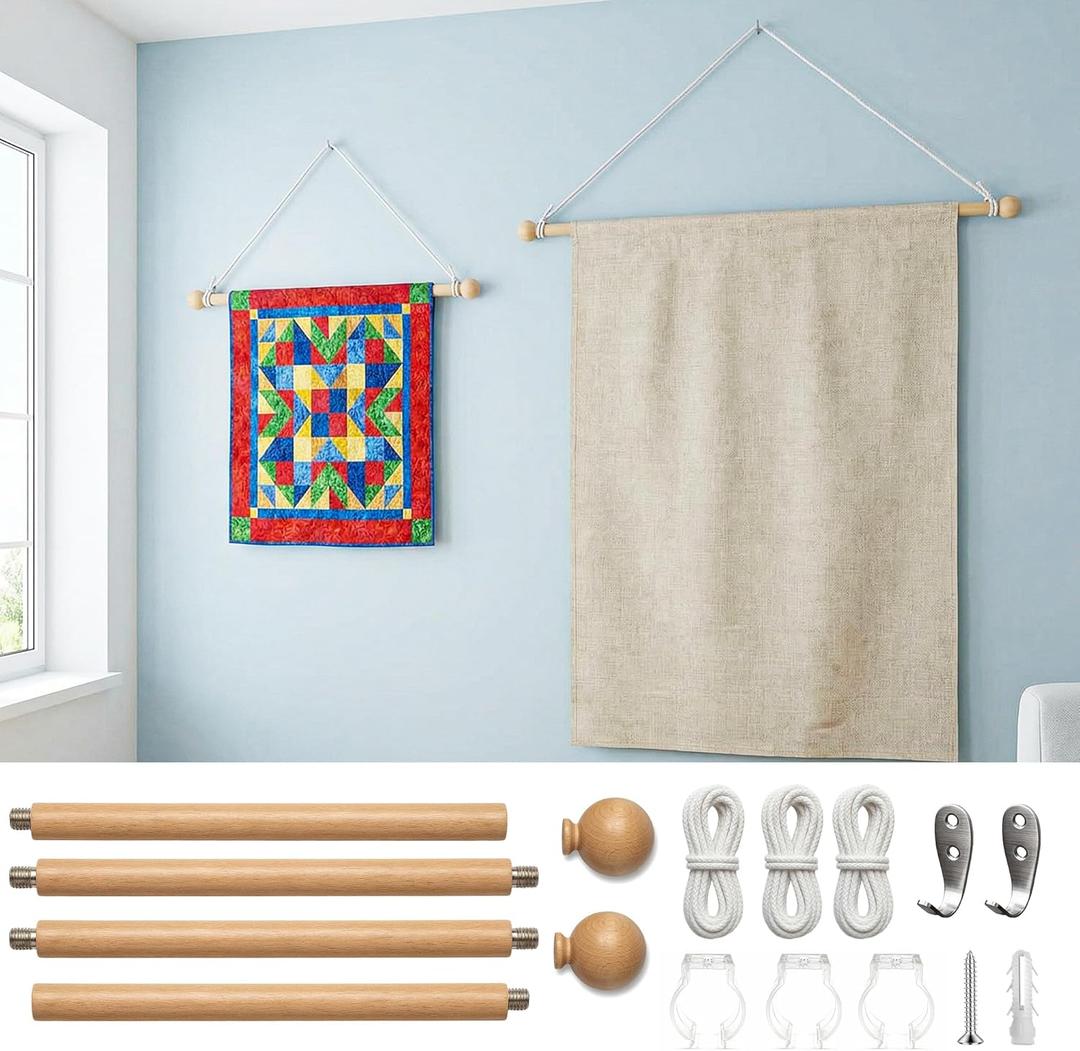 Ajerg 2 Pack Adjustable Wooden Tapestry Hangers, 16-32 Inch Tapestry Hanging Rod Set with Cord, Wall Hanging Display Kit for Tapestries, Banners & Woven Textile Decor