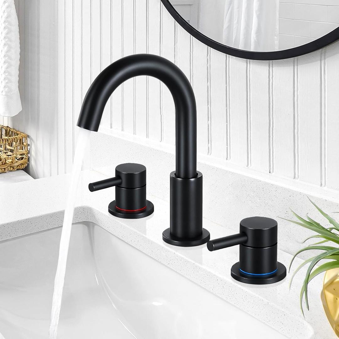 FGKQ Black Bathroom Faucet for Sink 3 Hole, Bathroom Sink Faucet with Pop Up Drain, 8 Inch Widespread Vanity Faucet 3 Hole, 360 Swivel Two Handle with Supply Lines