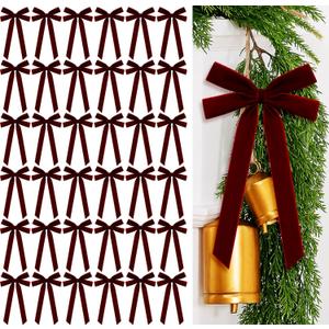 36 Pcs Burgundy Velvet Ribbon Bows 5.1 x 10.2 in Pre Tied Christmas Velvet Bows Christmas Tree Decorations Gift Packaging Bow for Xmas Wreath, Garland, Staircase, Home Outdoor Decoration