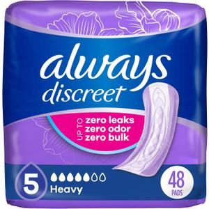 Always Discreet Adult Incontinence Pads for Women, Drier, 5 Drop Regular Length, Heavy Absorbency, Pads for Bladder Control Management, Bladder Leaks, & Postpartum Pads, 144ct
