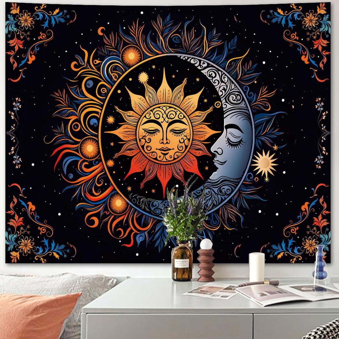 Hippie Sun and Moon Tapestry Wall Hanging for Bedroom Aesthetic, Boho Bohemian Hippy Mystic Floral Tapestries, Mandala Floral Backdrop Decor for Living Room Dorm (51"X60")
