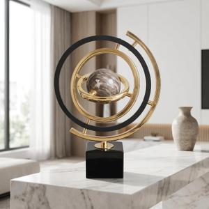 Abstract Metal Globe Sculpture Decor - Modern Black and Gold Desk Art for Office, Living Room Tabletop Decor, Unique Home Decoration Gift