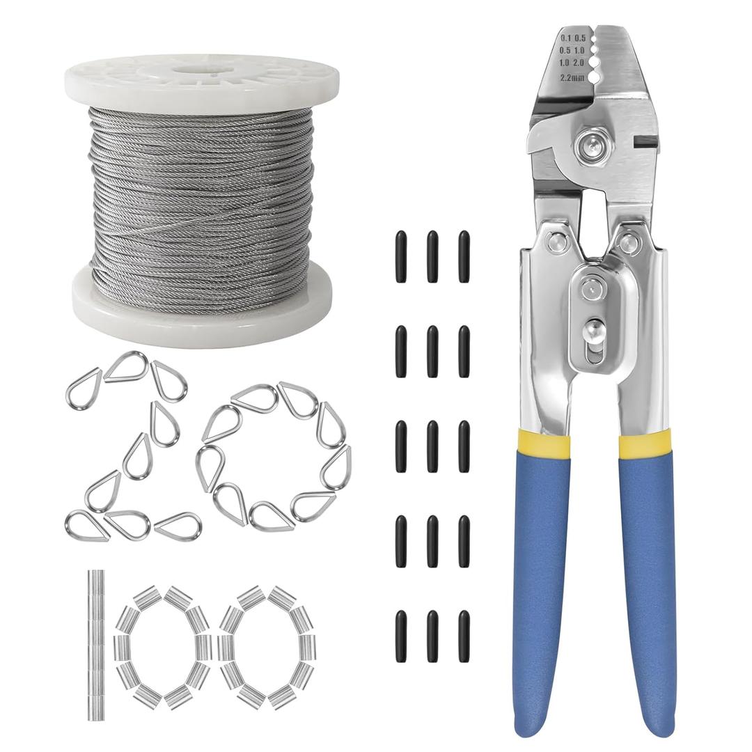 Wire Rope,Equipped with Crimping Pliers,1/16 Wire Rope, Aircraft Cable,304 Stainless Steel Cable,7x7 Strand Core 196FT,368lbs Breaking Strength
