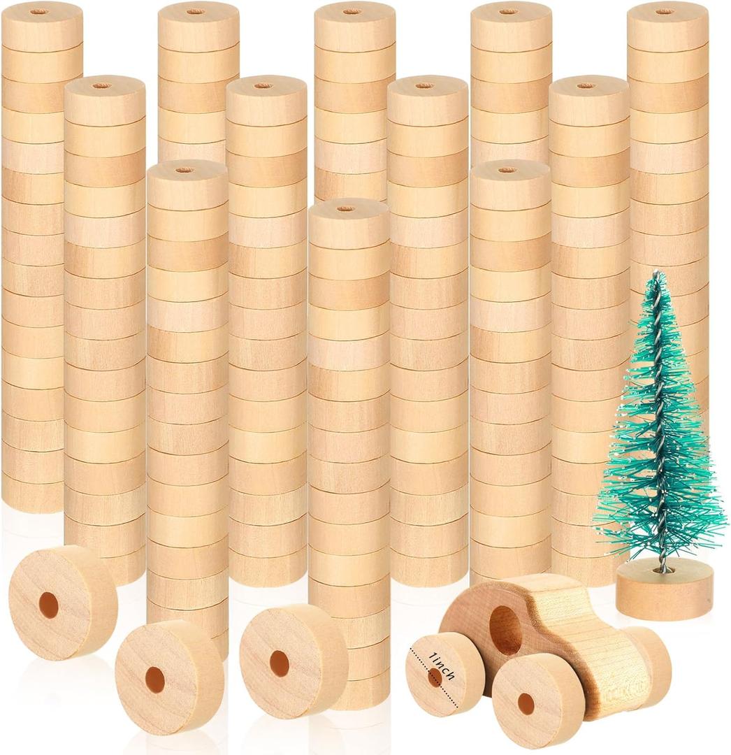 Thyle 150 Pcs Wooden Wheels Craft Bulk Wood Mini Wheels Crafts for Mini Christmas Tree Base DIY Model Cars Instrument's Clamp, Trucks(1 Inch Diameter, 3/8 Inch Thick)