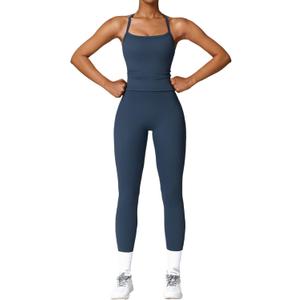 Womens Workout Sets Two Piece Seamless Stretch Cross Back Tank Top Matching Tummy Control High Waist Leggings Set 2 Piece For Women Gym Yoga Active Wear Outfits Athletic Work Out Clothes Dark Blue M