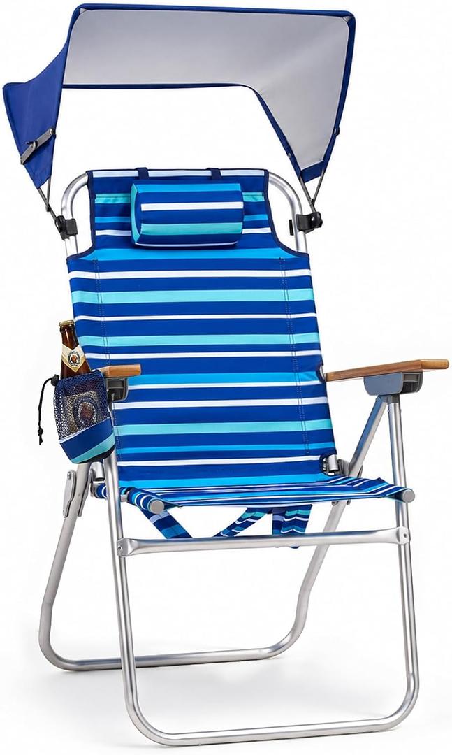 17" Tall Beach Chair with Canopy Shade,Support to 350LBS, Blue Striped | Adjustable High-Back Heavy Duty Beach Chair with Sun Shade Folding Backpack Beach Chair with Cup Holder and Storage Bag