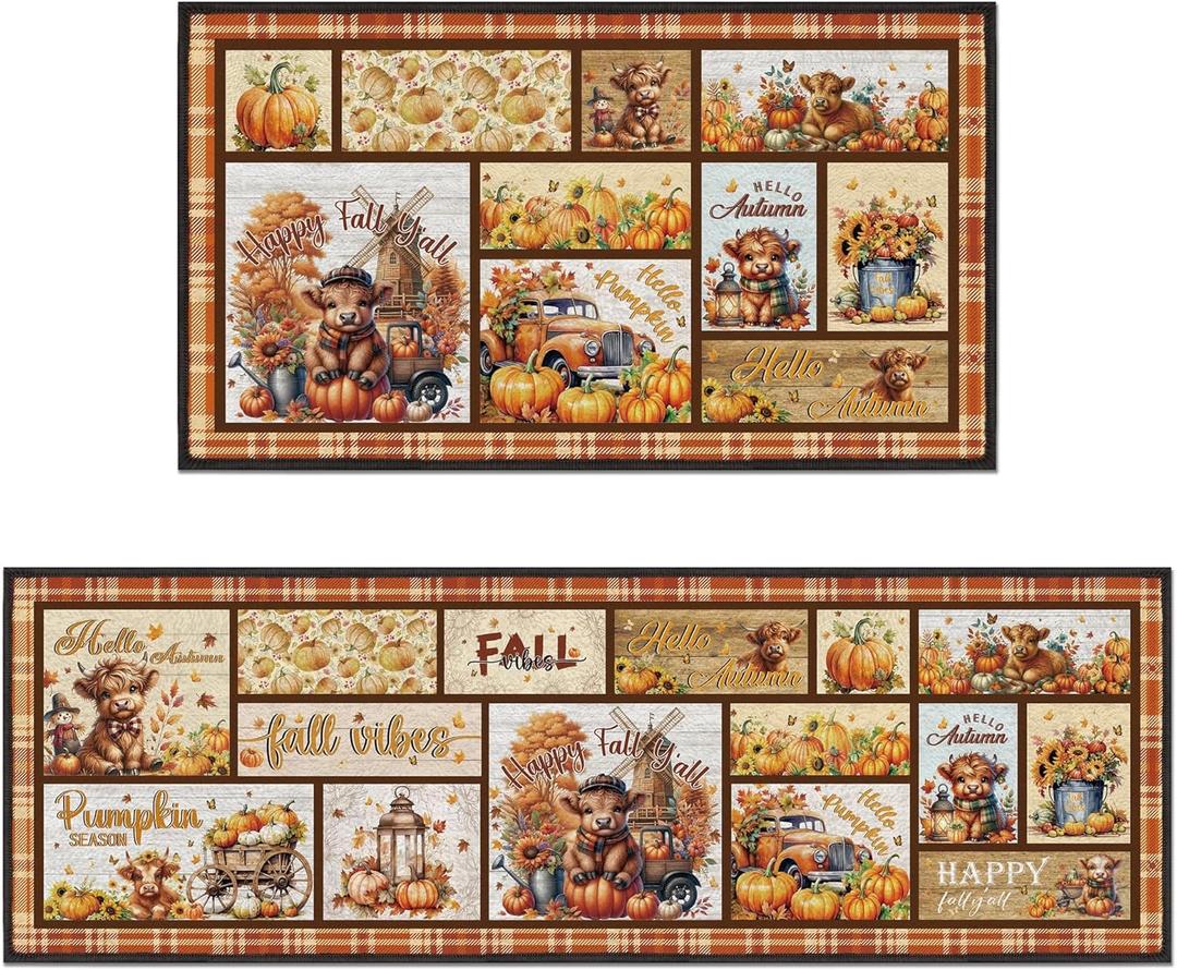 Fall Highland Cow Kitchen Rugs Set, 2 Pcs Pumpkin Farmhouse Runner Rugs for Kitchen Home Decor, Autumn Seasonal Floor Mats Housewarming Gifts (16"28" & 16"47")