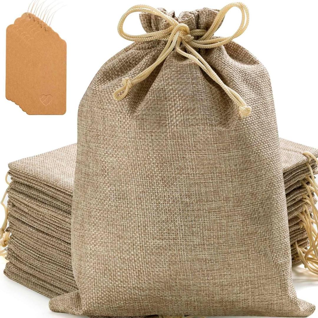 Homum 25 Pcs 7x9 Inch Burlap Gift Bags with Drawstring and Gift Tags, Burlap Jute Bags for Party, Christmas, DIY Craft (1 Count (Pack of 25))