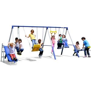 Sportspower Super 9 Metal Swing Set: Teeter Totter, 2 Kid Glide Ride Swing/Roman Glider Swing, Standing Swing + Trapeze Bar, Blow Molded Swing + 5' Wavy Slide Bonus 4pc Anchor Kit*, Blue/Yellow