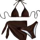SHENHE Women's 3 Piece Textured High Cut Halter Triangle Bikini Swimsuit with Cover Up, Medium, Brown 