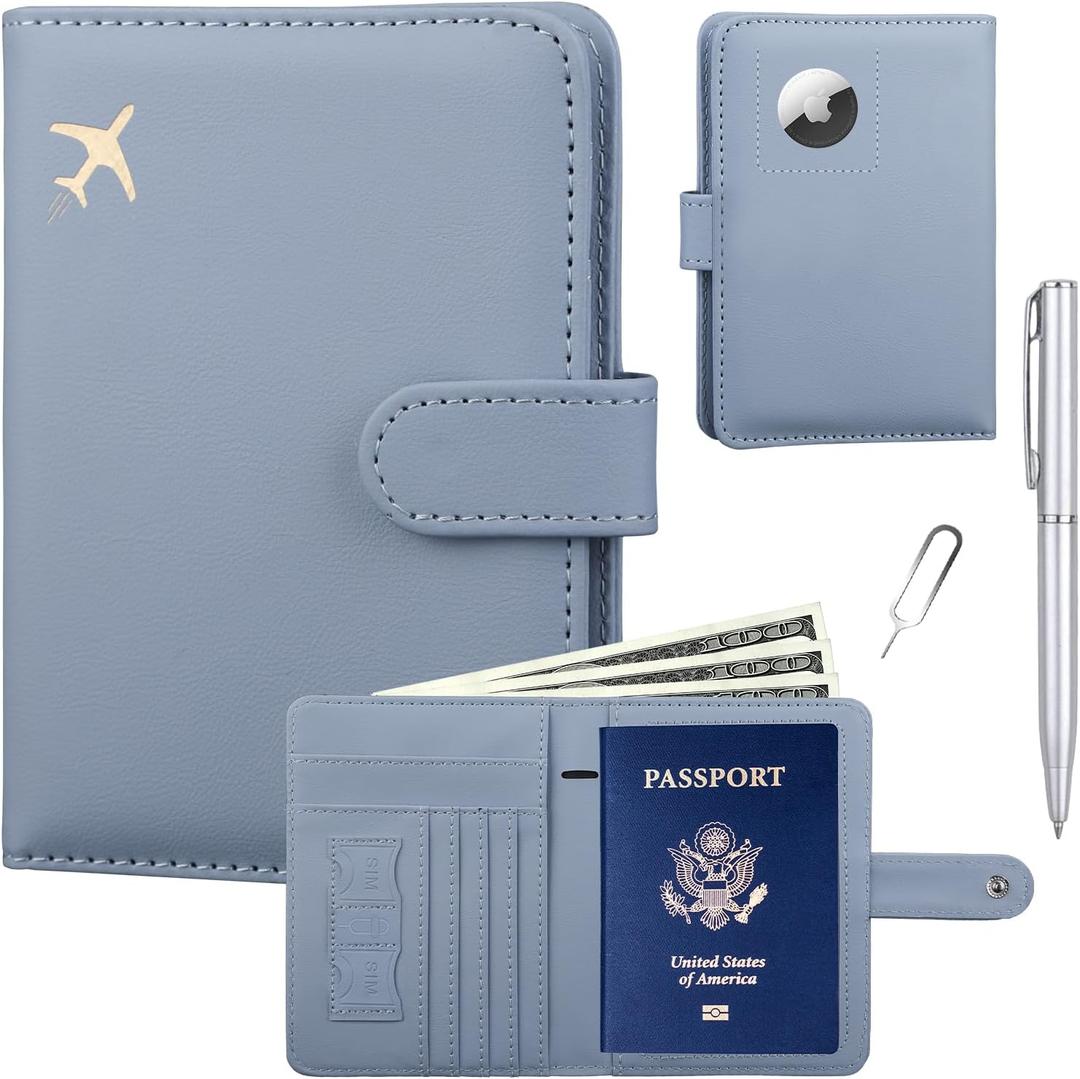 GOAUS Passport Holder for Travel with Airtag Card Slots, Money Pocket, Travle Gifts for Women Men RFID Blocking Wallet Book Case Blue