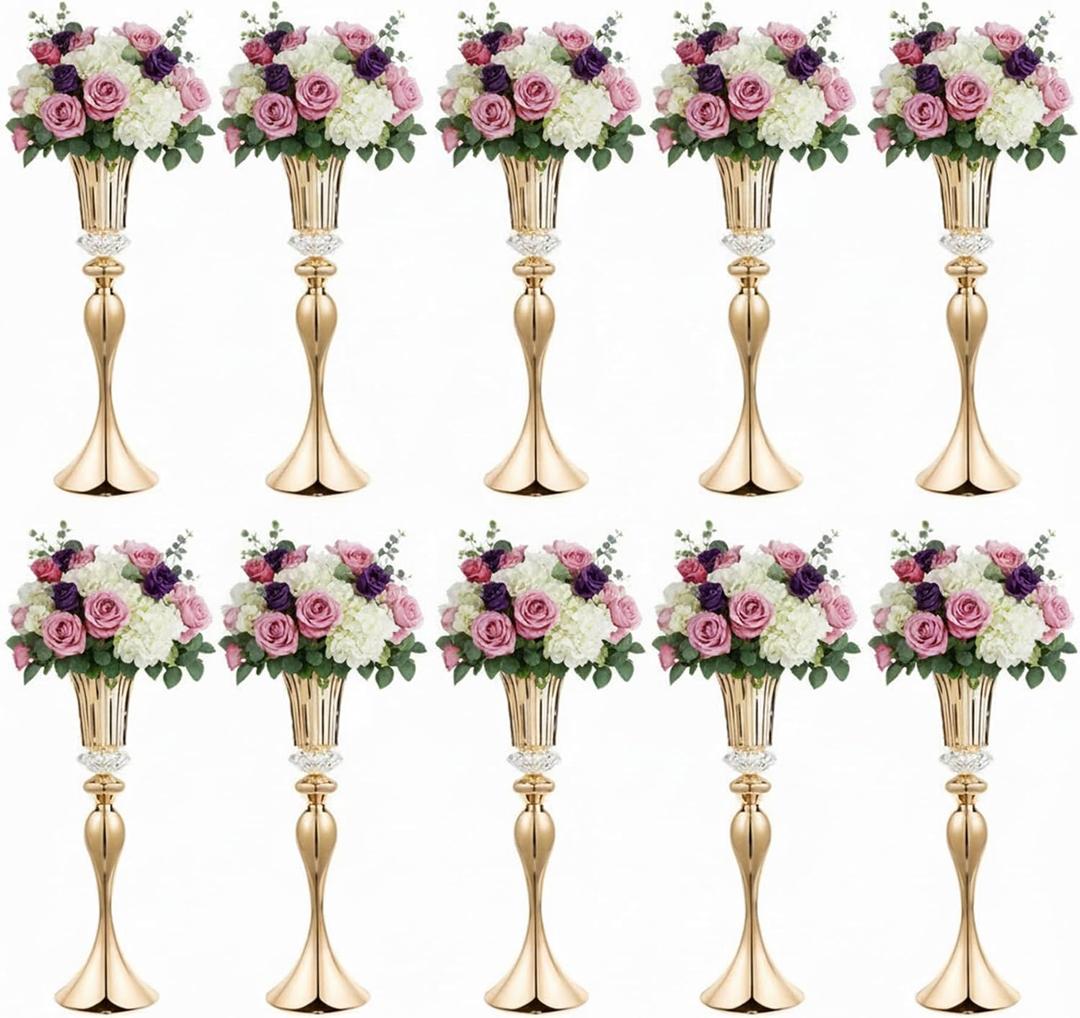 Metal Wedding Flower Vases for Tables - 22" Tall Elegant Table Centerpiece Vases, Gold Trumpet Flower Stands for Anniversary Ceremony Birthday Party Event Wedding Home Decorations (10, Gold)