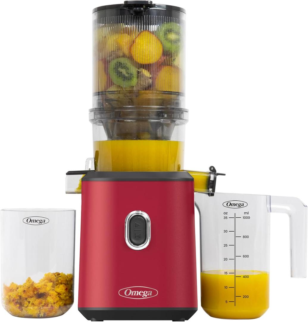 Omega Cold Press Juicer – Slow Masticating Hands Free Juicer Machine for Vegetables and Fruits with Wide Mouth Hopper for Whole Recipe Batch Juicing, Time Saving Series, Easy to Clean, Red