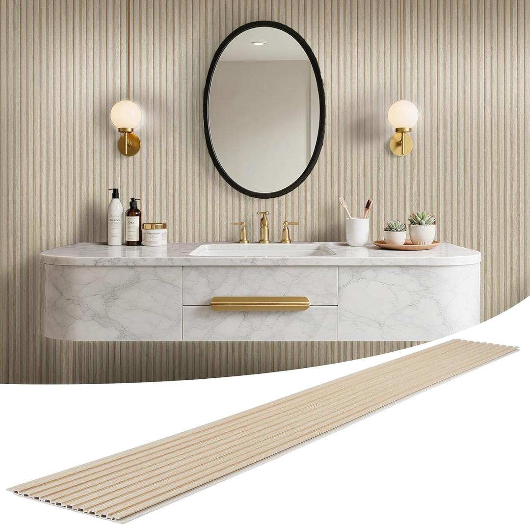 LARWORKS WPC Slat Wall Panels 8 Pack 96" x 8.2", Waterproof Fluted Wall Paneling, Accent 3D Wall Panel for Wall Decor, Bathroom, Bedroom, Office - Widen Low Grille Oak (Cover Approx.44 sq.ft)