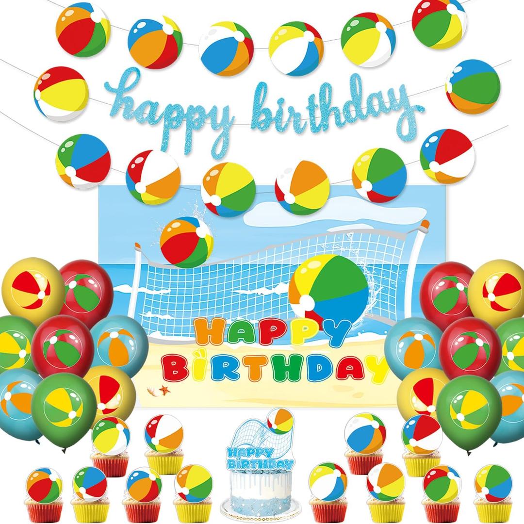Beach Ball Birthday Party Decorations Includes Banner-Cake Topper-Cupcake Toppers-Balloons for Summer Pool Beach Birthday Party Supplies