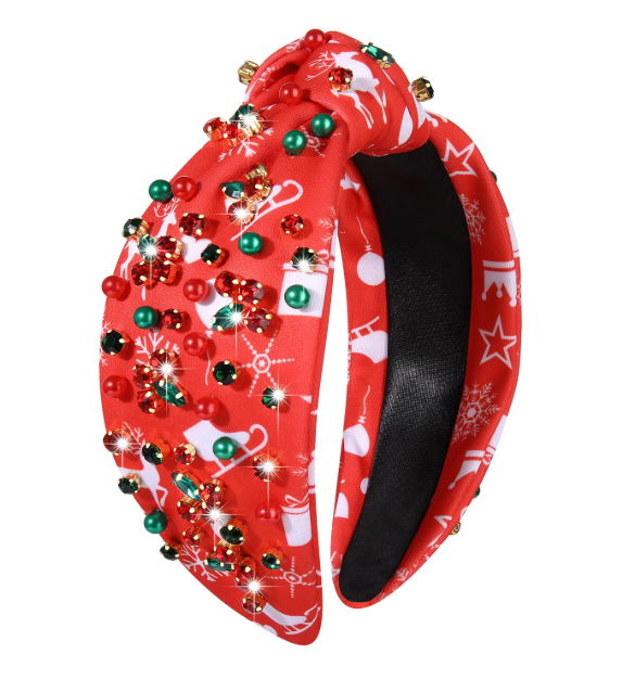 Christmas Headband Xmas Crystal Knotted Headband for Women Christmas Bow Floral Hairband Holiday Party Headwear Hair Accessories Gifts (Red Snowflake)