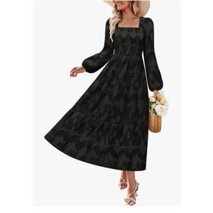 Women's 2026 Fall Floral Midi Dress Long Sleeve Smocked Flowy Long Wedding Guest Vacation Dresses, Small