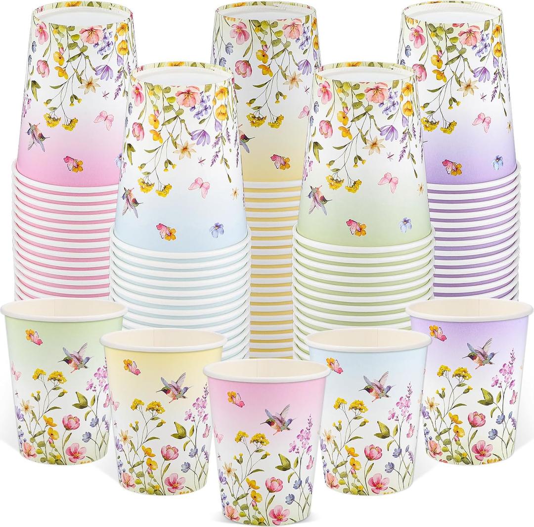 100 Pack Spring Floral Paper Cup, 9oz Tea Party Floral Cups Disposable Wildflower Paper Cups, Mother's Day Drinking Cup Bulk for Hot Cold Beverage Wildflower Party Birthday Barbecue Wedding,5 Colors
