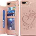 ICoverCase Compatible with iPhone 8 Plus/7 Plus Wallet Phone Case with Card Holder for Women, RFID Blocking Embossed PU Leather Wrist Strap Case (Heart Rose Gold)