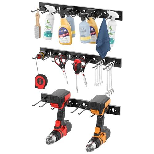 CCCEI 3 Modular Pegboard Strip Storage, Metal Peg Slat Wall Mount for Garage, Basement, Garden, Laundry Room Organization. Flexible Tool Organizer for Rake, Shovels, Crafting. Gifts for Men, Black.